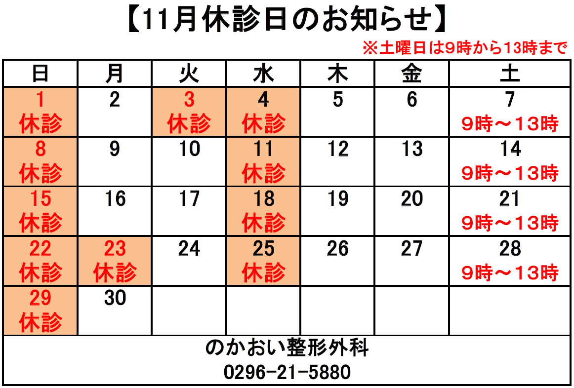 翌月の休診日のお知らせ
